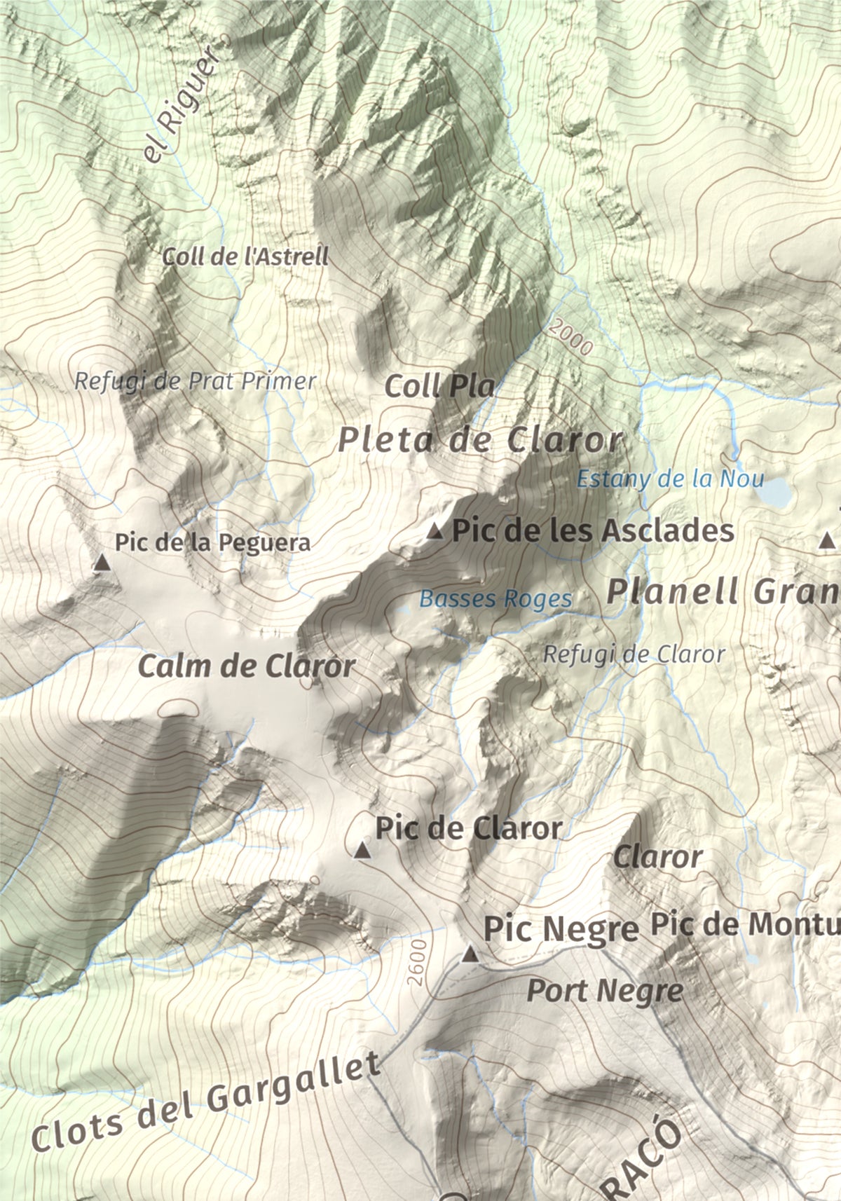 Mapa de relieve de Monturull, 2760 m, Alt Urgell · Andorra · Cerdanya, lámina 100 Cims de Trobart. Detalle de la zona superior izquierda. 21 × 30 cm.