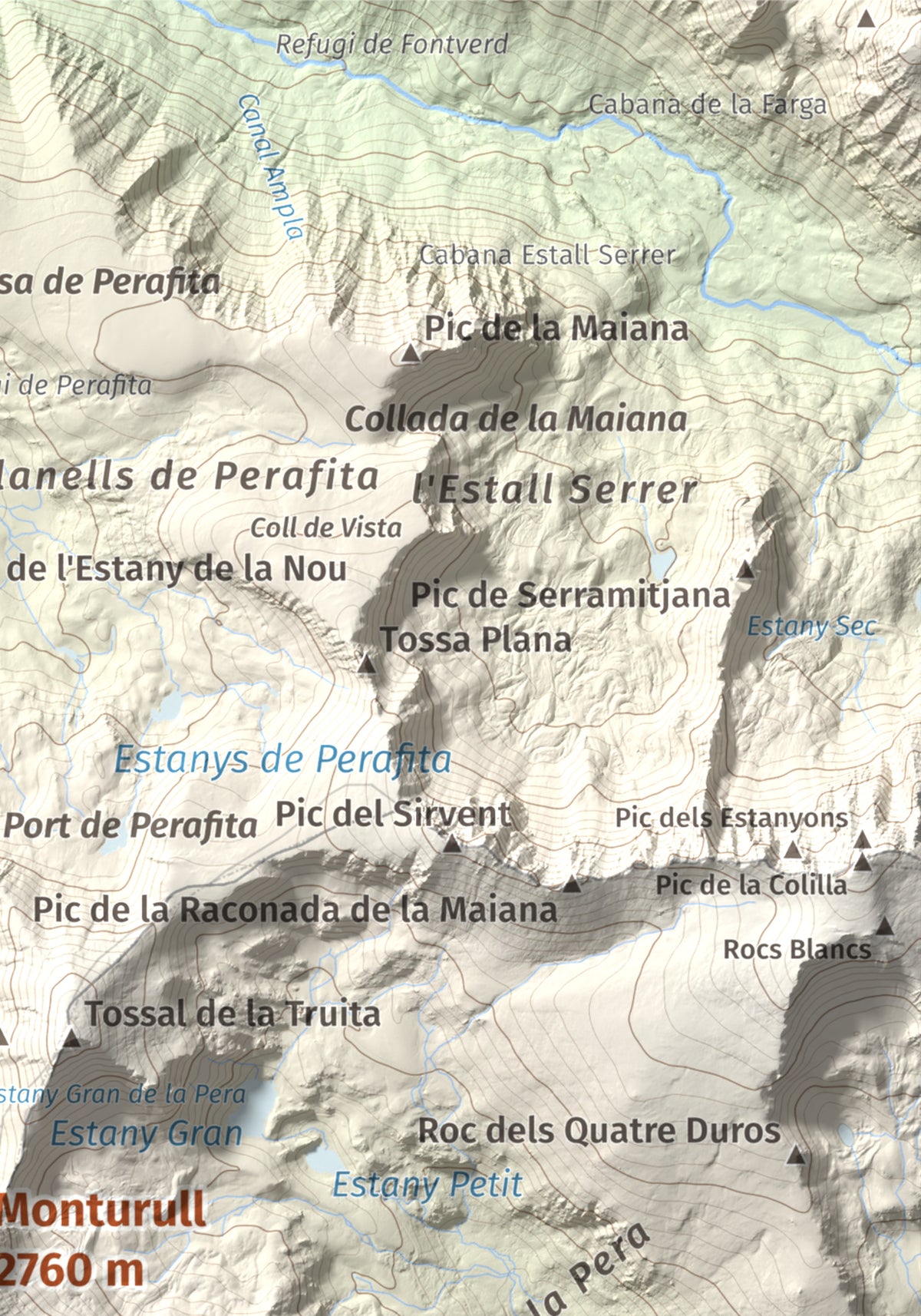 Mapa de relieve de Monturull, 2760 m, Alt Urgell · Andorra · Cerdanya, lámina 100 Cims de Trobart. Detalle de la zona superior derecha. 21 × 30 cm.
