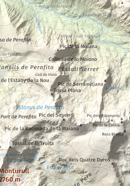 Mapa de relieve de Monturull, 2760 m, Alt Urgell · Andorra · Cerdanya, lámina 100 Cims de Trobart. Detalle de la zona superior derecha. 21 × 30 cm.