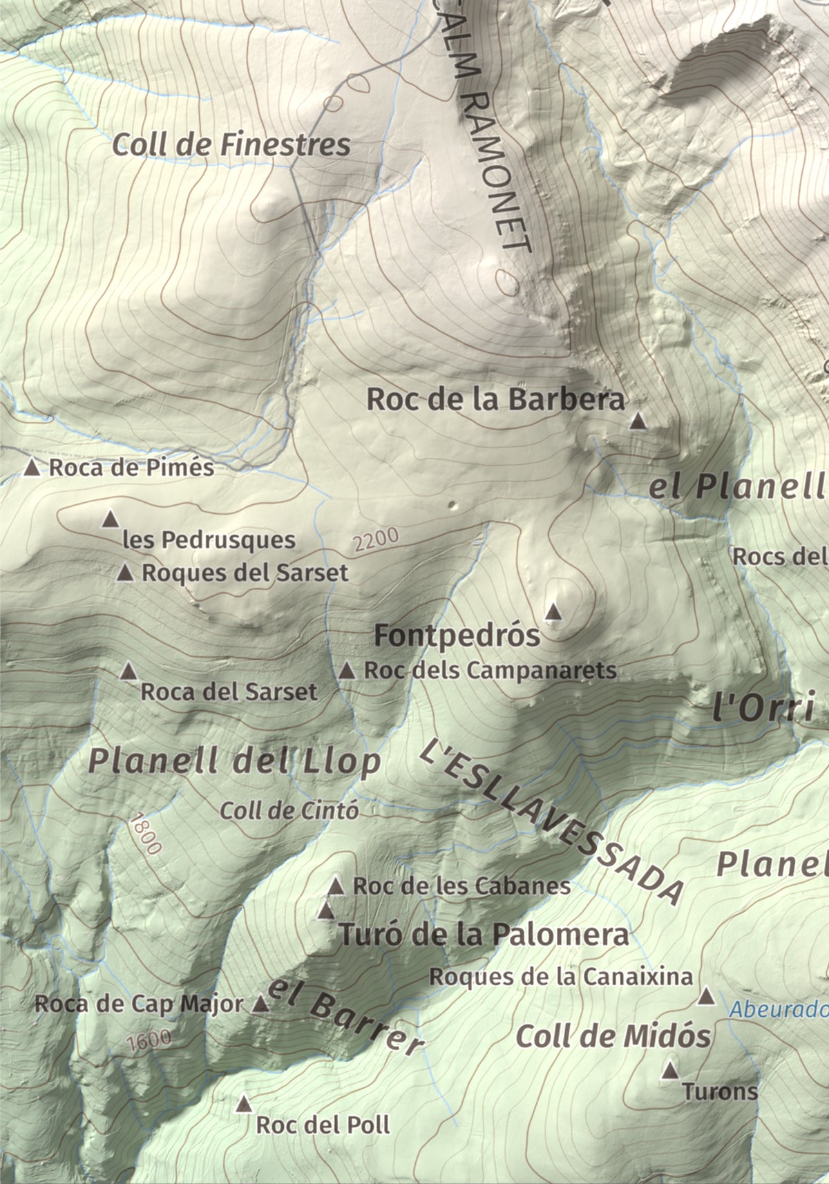 Mapa de relieve de Monturull, 2760 m, Alt Urgell · Andorra · Cerdanya, lámina 100 Cims de Trobart. Detalle de la zona inferior izquierda. 21 × 30 cm.