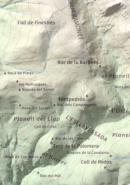 Mapa de relieve de Monturull, 2760 m, Alt Urgell · Andorra · Cerdanya, lámina 100 Cims de Trobart. Detalle de la zona inferior izquierda. 21 × 30 cm.