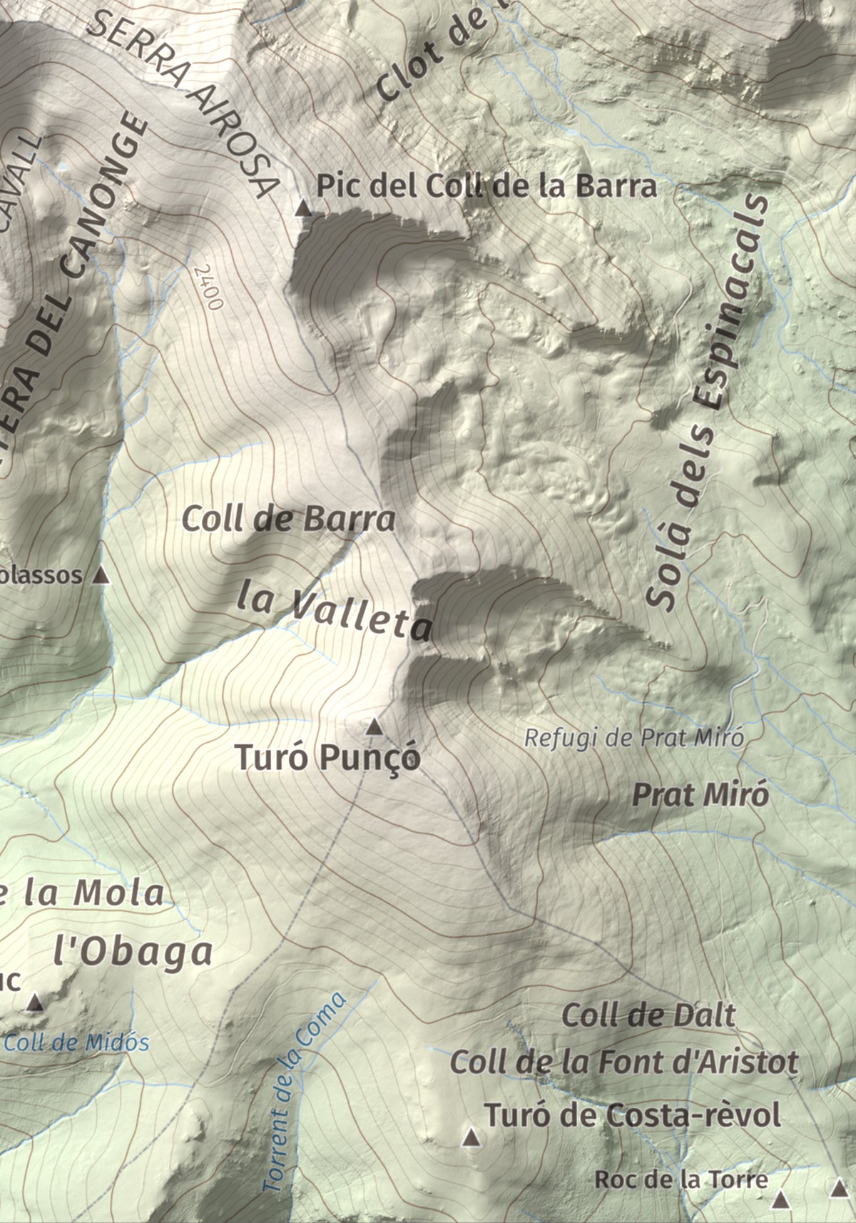Mapa de relieve de Monturull, 2760 m, Alt Urgell · Andorra · Cerdanya, lámina 100 Cims de Trobart. Detalle de la zona inferior derecha. 21 × 30 cm.