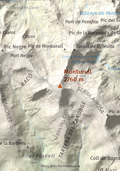 Mapa de relieve de Monturull, 2760 m, Alt Urgell · Andorra · Cerdanya, lámina 100 Cims de Trobart. Detalle de la zona central. 21 × 30 cm.