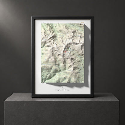 Mapa de relieve de Monturull, 2760 m, Alt Urgell · Andorra · Cerdanya, lámina 100 Cims de Trobart. Presentación enmarcada. 30 × 40 cm.