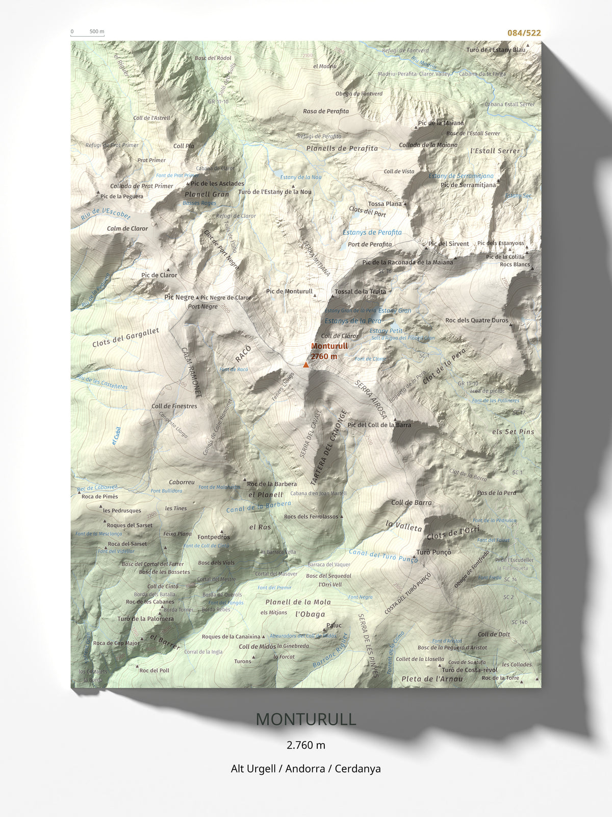Mapa de relieve de Monturull, 2760 m, Alt Urgell · Andorra · Cerdanya, lámina 100 Cims de Trobart 30 × 40 cm.