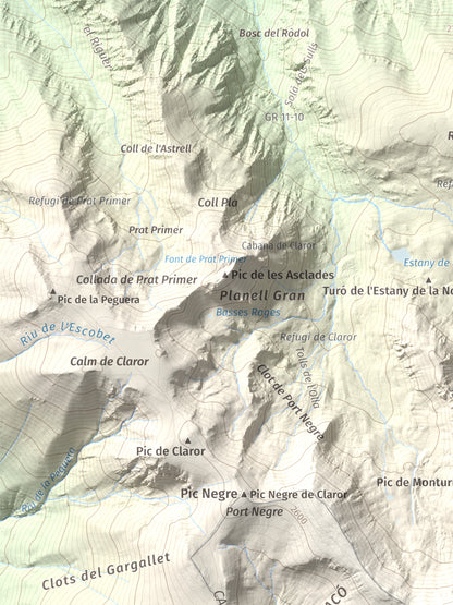 Mapa de relieve de Monturull, 2760 m, Alt Urgell · Andorra · Cerdanya, lámina 100 Cims de Trobart. Detalle de la zona superior izquierda. 30 × 40 cm.