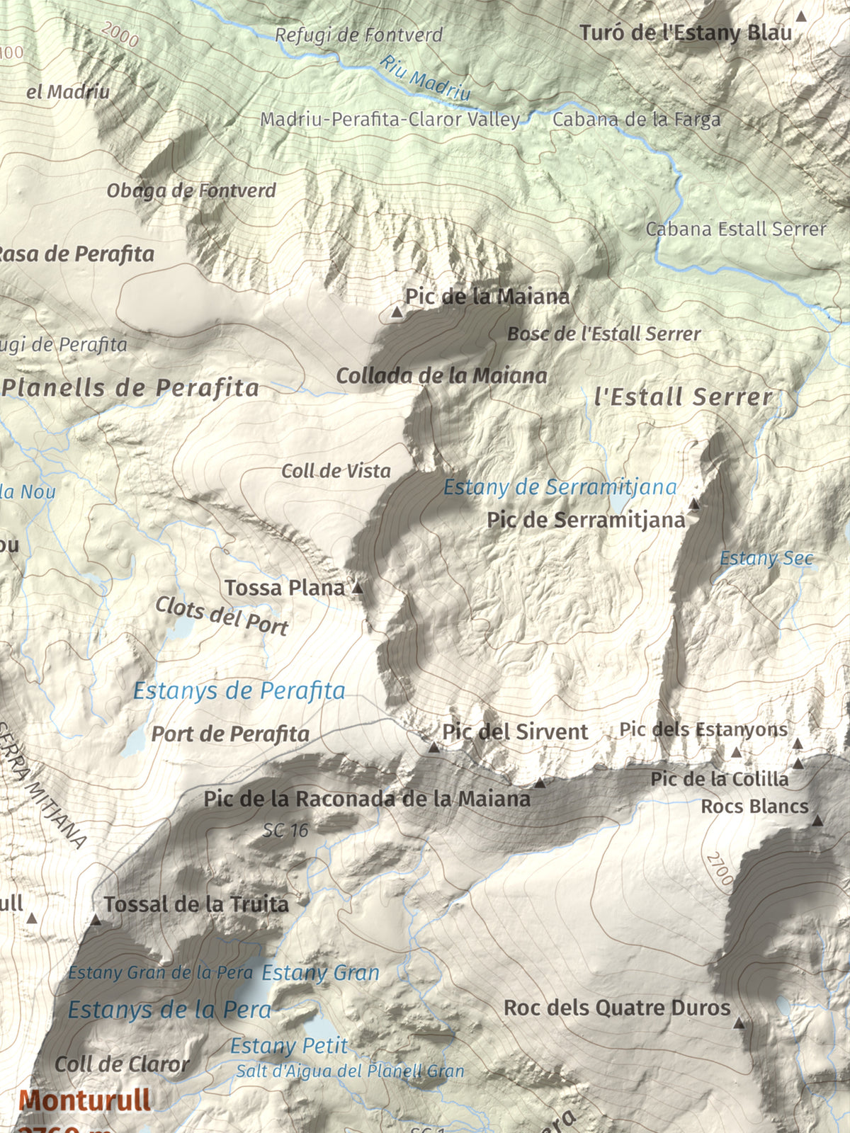 Mapa de relieve de Monturull, 2760 m, Alt Urgell · Andorra · Cerdanya, lámina 100 Cims de Trobart. Detalle de la zona superior derecha. 30 × 40 cm.