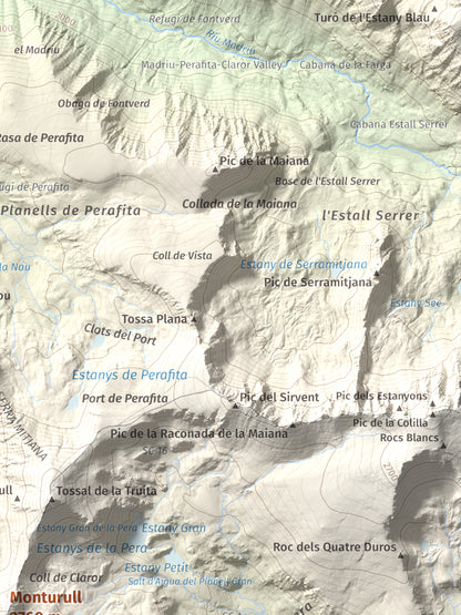 Mapa de relieve de Monturull, 2760 m, Alt Urgell · Andorra · Cerdanya, lámina 100 Cims de Trobart. Detalle de la zona superior derecha. 30 × 40 cm.