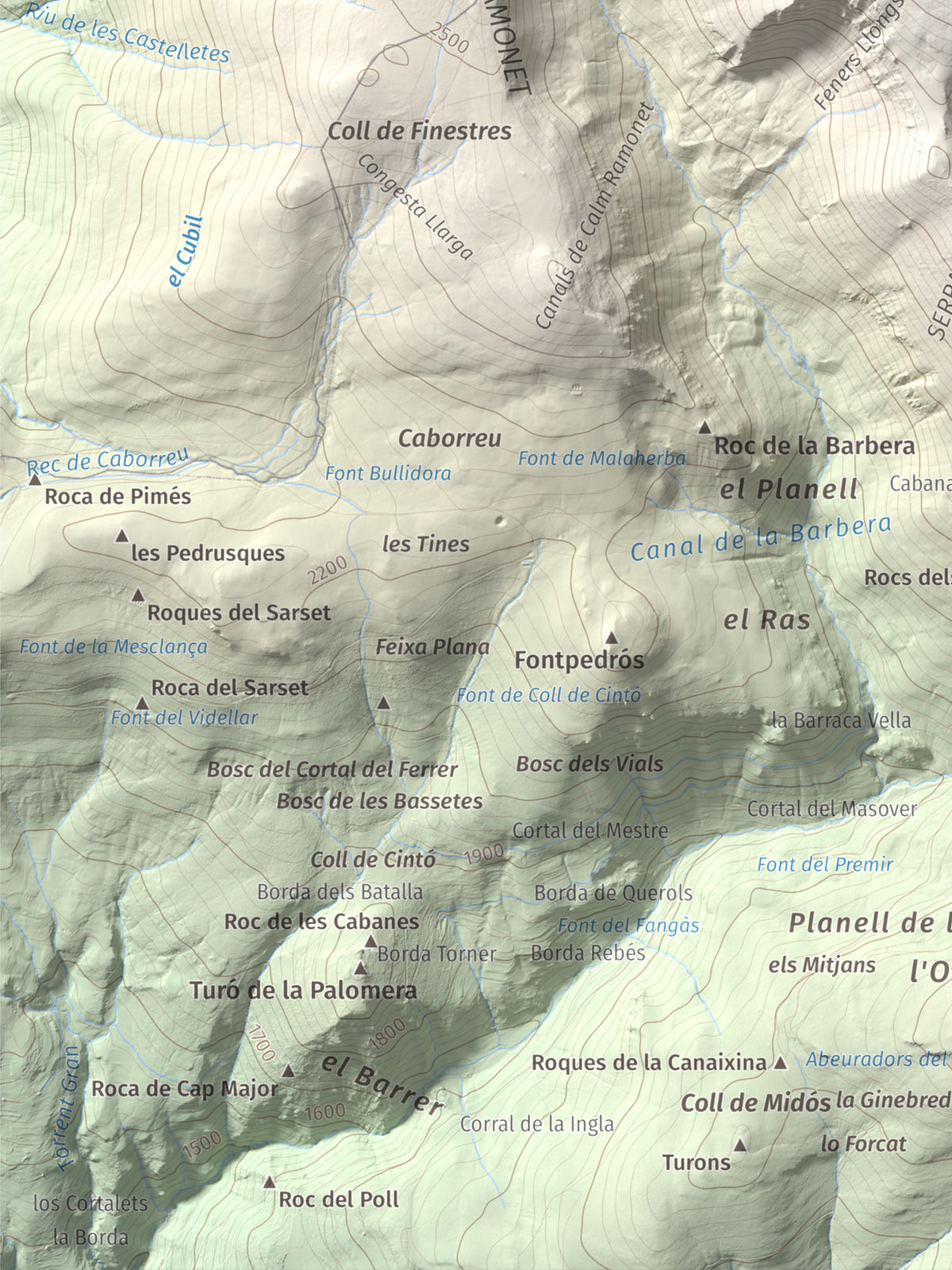 Mapa de relieve de Monturull, 2760 m, Alt Urgell · Andorra · Cerdanya, lámina 100 Cims de Trobart. Detalle de la zona inferior izquierda. 30 × 40 cm.