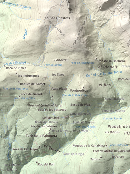 Mapa de relieve de Monturull, 2760 m, Alt Urgell · Andorra · Cerdanya, lámina 100 Cims de Trobart. Detalle de la zona inferior izquierda. 30 × 40 cm.