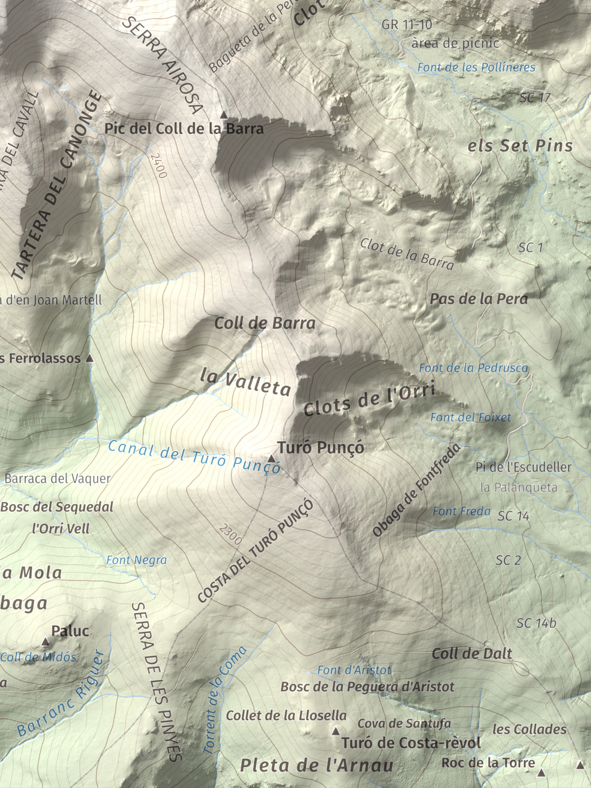 Mapa de relieve de Monturull, 2760 m, Alt Urgell · Andorra · Cerdanya, lámina 100 Cims de Trobart. Detalle de la zona inferior derecha. 30 × 40 cm.