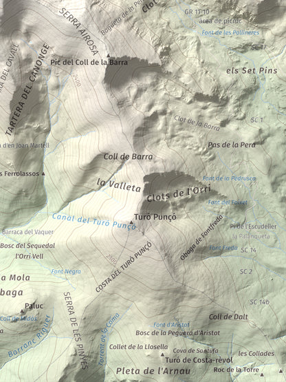 Mapa de relieve de Monturull, 2760 m, Alt Urgell · Andorra · Cerdanya, lámina 100 Cims de Trobart. Detalle de la zona inferior derecha. 30 × 40 cm.