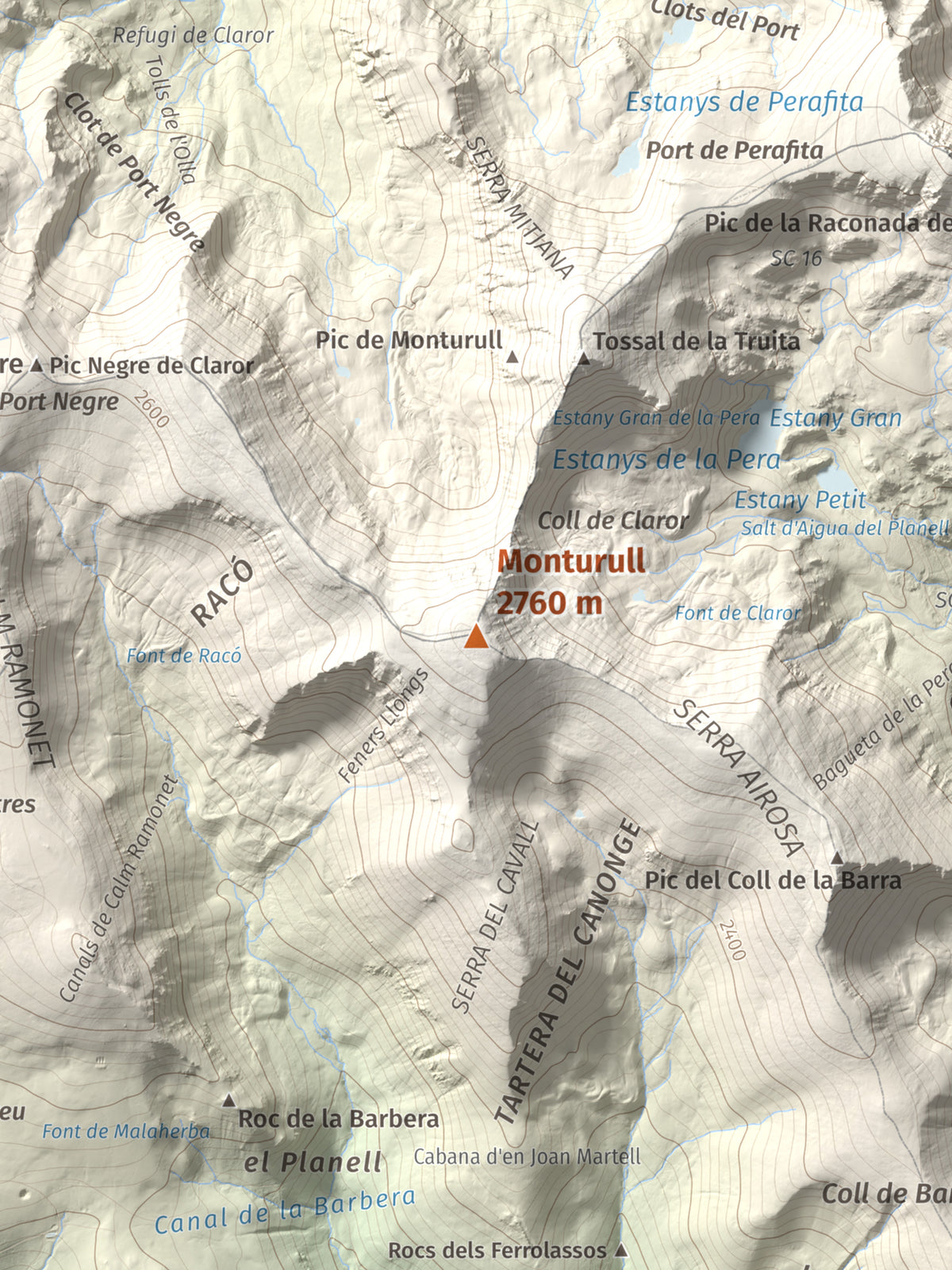Mapa de relieve de Monturull, 2760 m, Alt Urgell · Andorra · Cerdanya, lámina 100 Cims de Trobart. Detalle de la zona central. 30 × 40 cm.