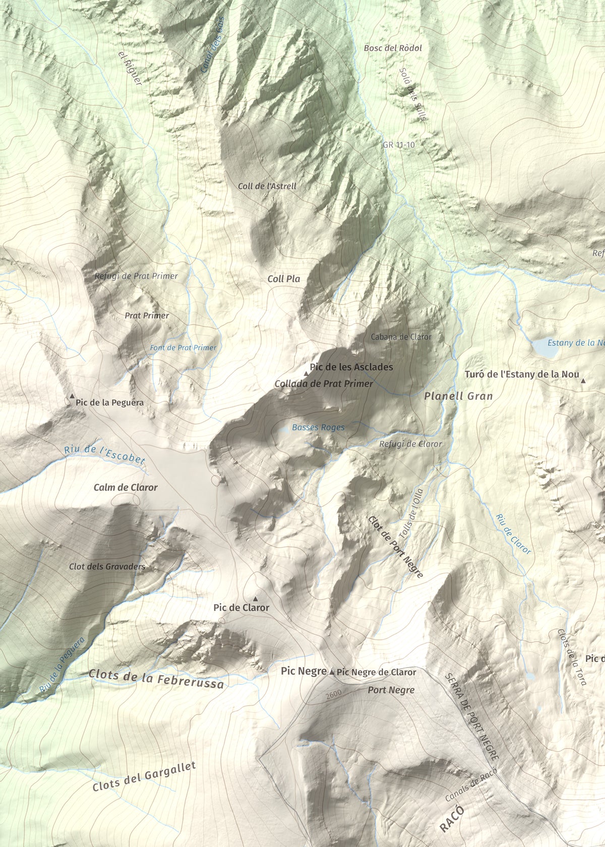 Mapa de relieve de Monturull, 2760 m, Alt Urgell · Andorra · Cerdanya, lámina 100 Cims de Trobart. Detalle de la zona superior izquierda. 50 × 70 cm.