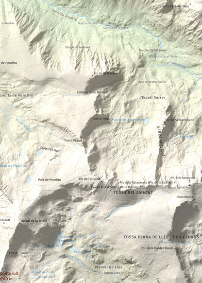 Mapa de relieve de Monturull, 2760 m, Alt Urgell · Andorra · Cerdanya, lámina 100 Cims de Trobart. Detalle de la zona superior derecha. 50 × 70 cm.