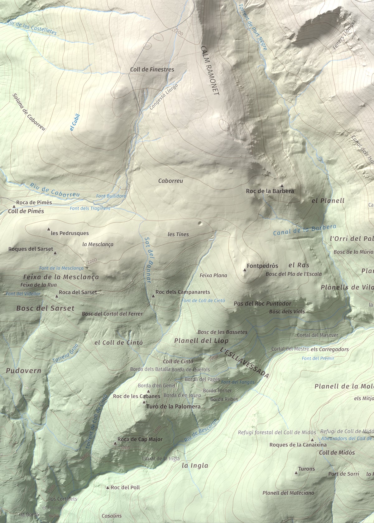 Mapa de relieve de Monturull, 2760 m, Alt Urgell · Andorra · Cerdanya, lámina 100 Cims de Trobart. Detalle de la zona inferior izquierda. 50 × 70 cm.