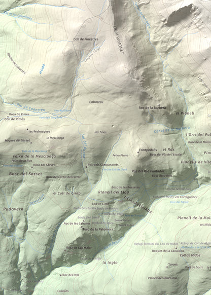 Mapa de relieve de Monturull, 2760 m, Alt Urgell · Andorra · Cerdanya, lámina 100 Cims de Trobart. Detalle de la zona inferior izquierda. 50 × 70 cm.
