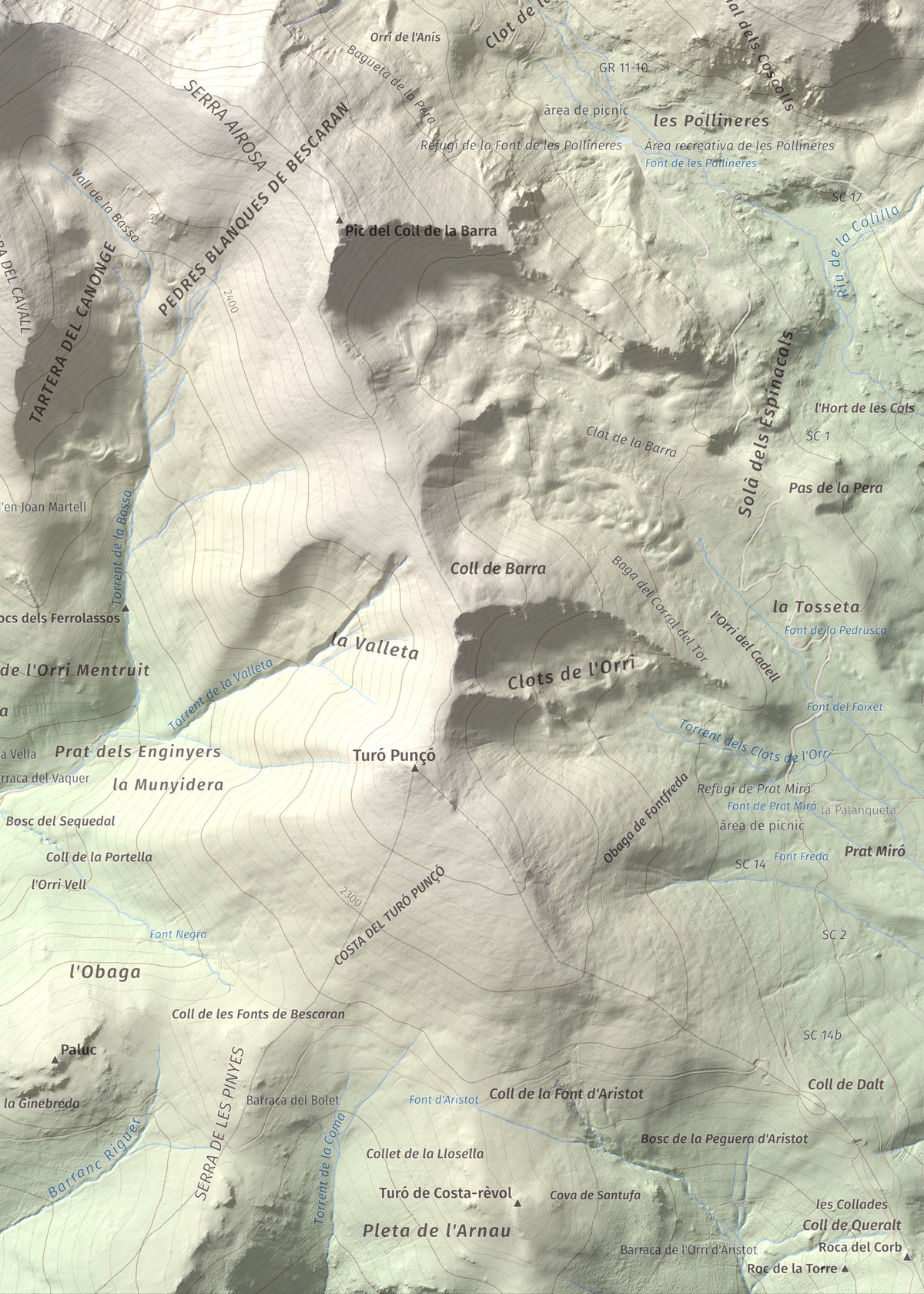 Mapa de relieve de Monturull, 2760 m, Alt Urgell · Andorra · Cerdanya, lámina 100 Cims de Trobart. Detalle de la zona inferior derecha. 50 × 70 cm.