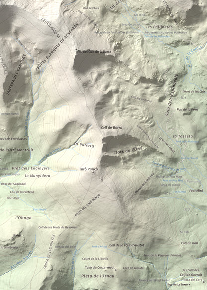 Mapa de relieve de Monturull, 2760 m, Alt Urgell · Andorra · Cerdanya, lámina 100 Cims de Trobart. Detalle de la zona inferior derecha. 50 × 70 cm.