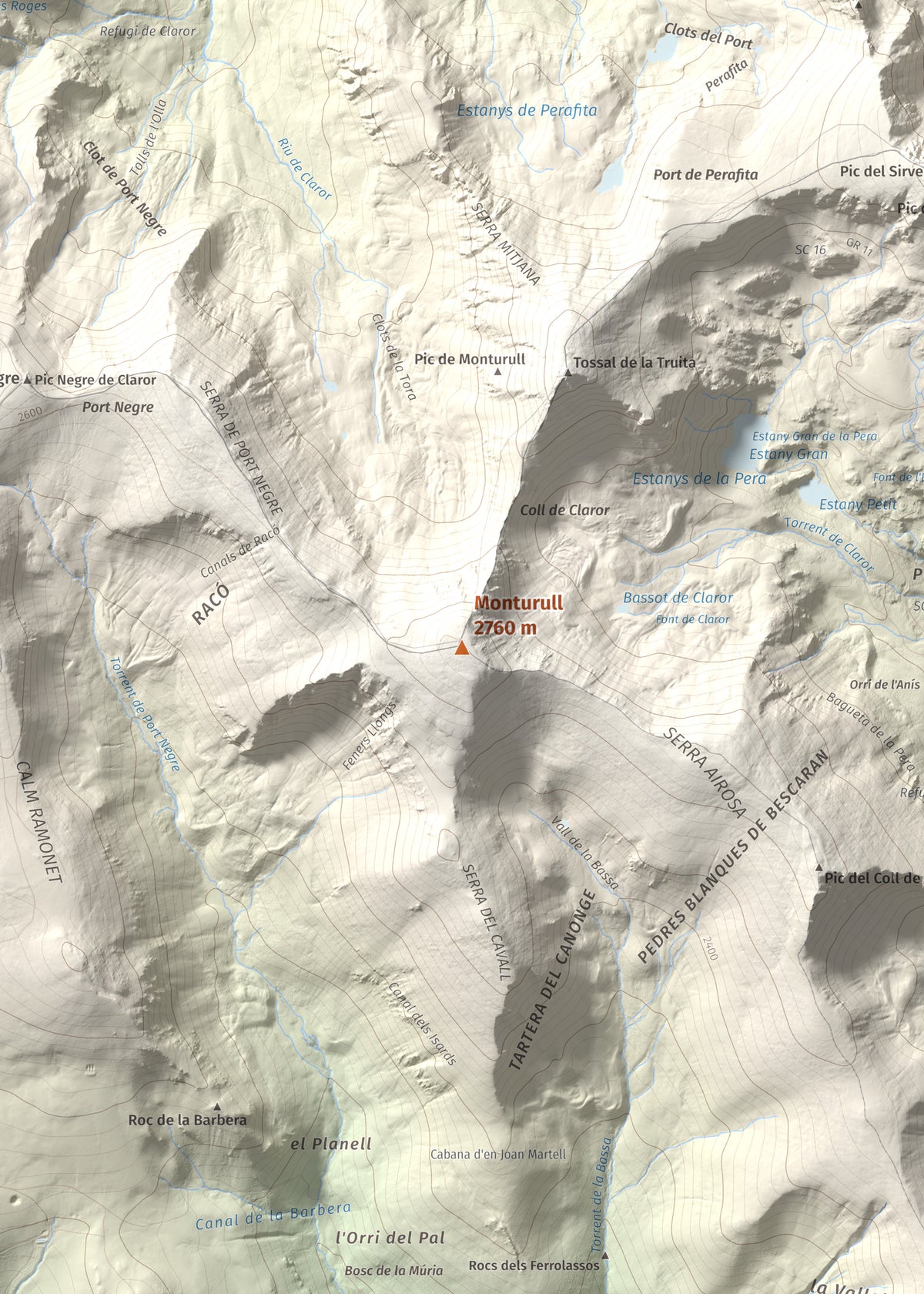 Mapa de relieve de Monturull, 2760 m, Alt Urgell · Andorra · Cerdanya, lámina 100 Cims de Trobart. Detalle de la zona central. 50 × 70 cm.