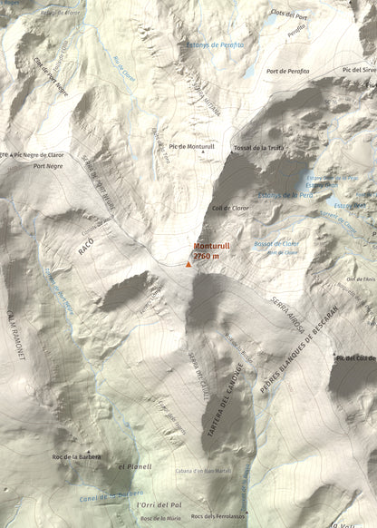 Mapa de relieve de Monturull, 2760 m, Alt Urgell · Andorra · Cerdanya, lámina 100 Cims de Trobart. Detalle de la zona central. 50 × 70 cm.