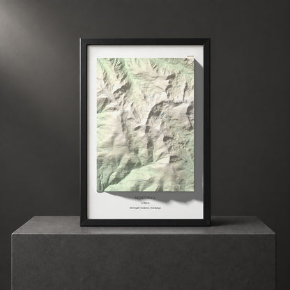Mapa de relieve de Monturull, 2760 m, Alt Urgell · Andorra · Cerdanya, lámina 100 Cims de Trobart. Presentación enmarcada. 61 × 91 cm.