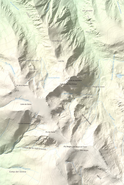 Mapa de relieve de Monturull, 2760 m, Alt Urgell · Andorra · Cerdanya, lámina 100 Cims de Trobart. Detalle de la zona superior izquierda. 61 × 91 cm.
