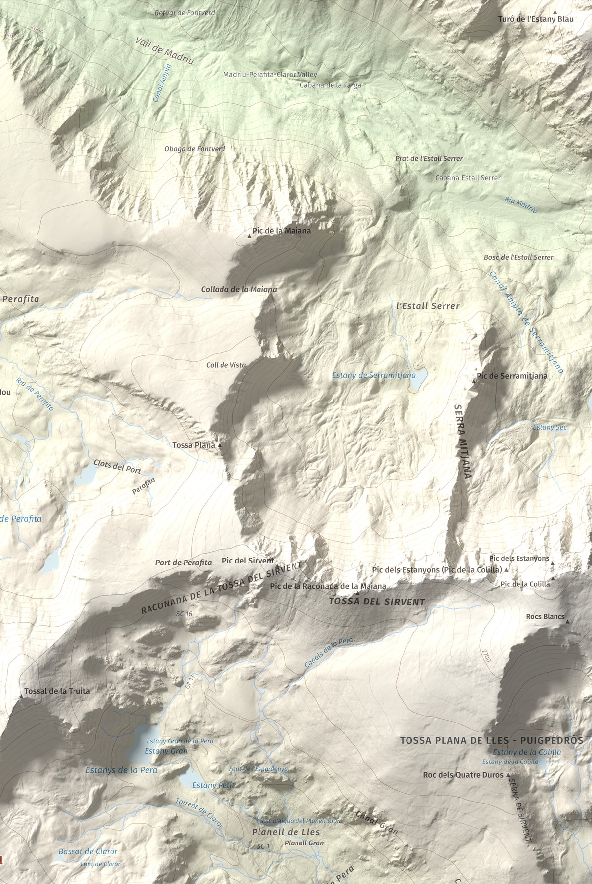 Mapa de relieve de Monturull, 2760 m, Alt Urgell · Andorra · Cerdanya, lámina 100 Cims de Trobart. Detalle de la zona superior derecha. 61 × 91 cm.