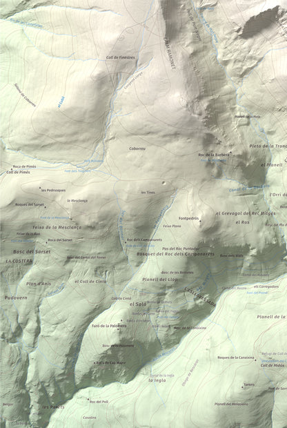 Mapa de relieve de Monturull, 2760 m, Alt Urgell · Andorra · Cerdanya, lámina 100 Cims de Trobart. Detalle de la zona inferior izquierda. 61 × 91 cm.