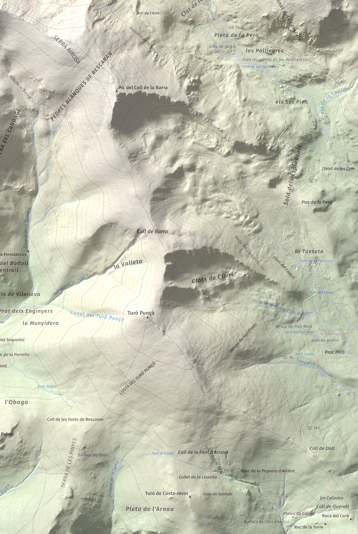 Mapa de relieve de Monturull, 2760 m, Alt Urgell · Andorra · Cerdanya, lámina 100 Cims de Trobart. Detalle de la zona inferior derecha. 61 × 91 cm.