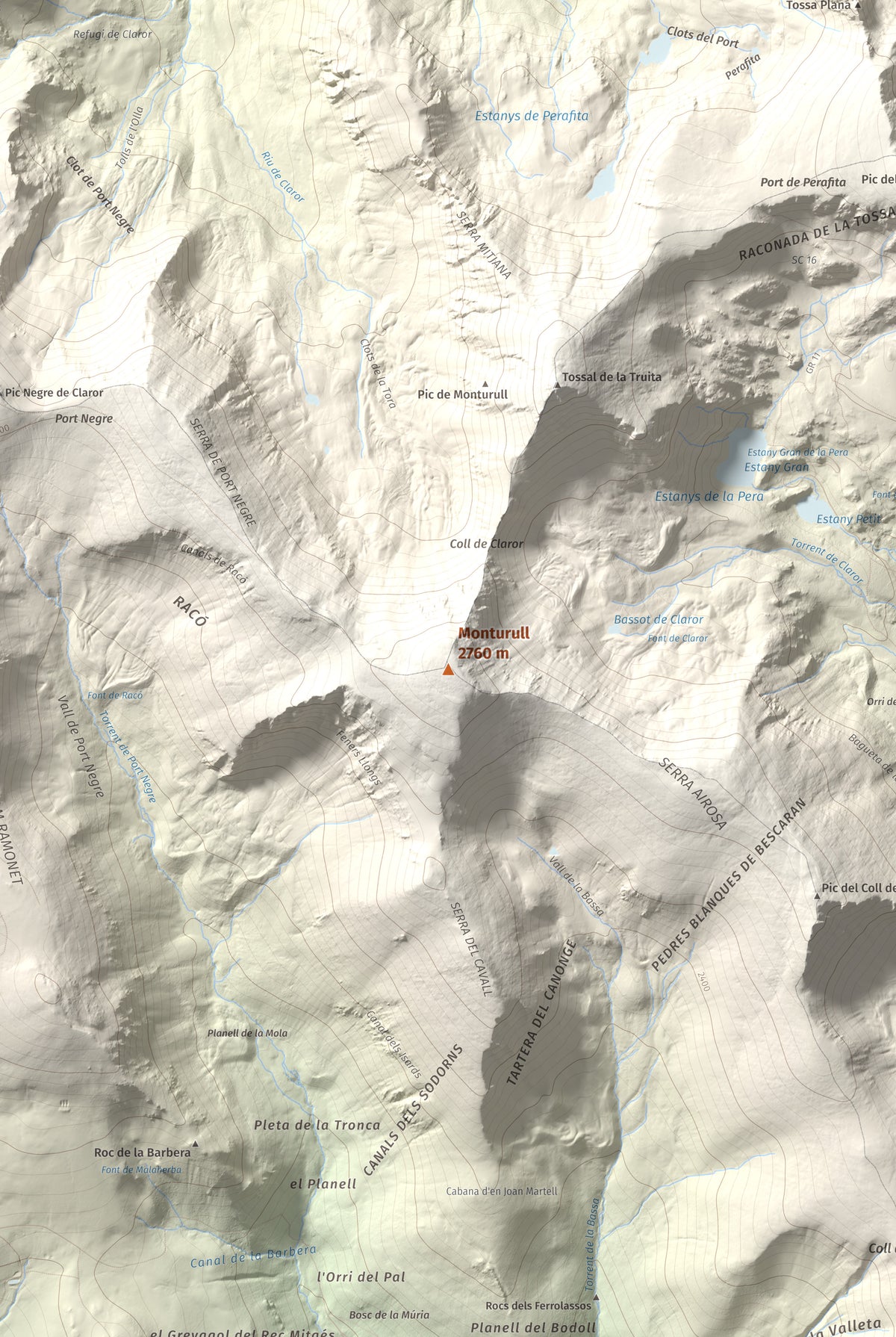 Mapa de relieve de Monturull, 2760 m, Alt Urgell · Andorra · Cerdanya, lámina 100 Cims de Trobart. Detalle de la zona central. 61 × 91 cm.