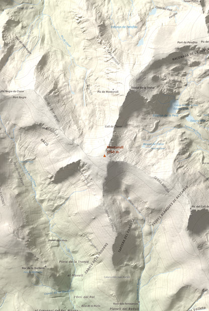 Mapa de relieve de Monturull, 2760 m, Alt Urgell · Andorra · Cerdanya, lámina 100 Cims de Trobart. Detalle de la zona central. 61 × 91 cm.