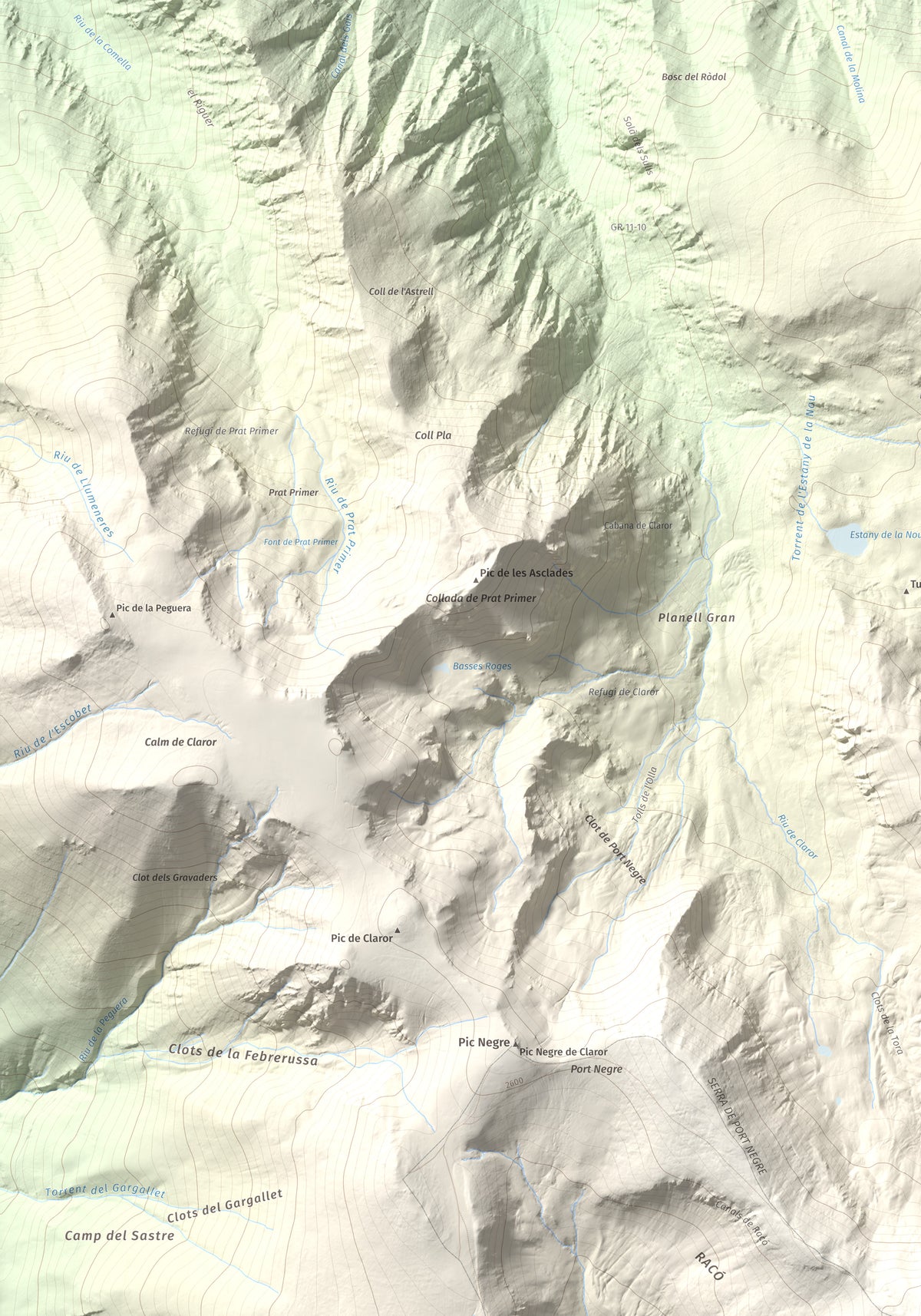 Mapa de relieve de Monturull, 2760 m, Alt Urgell · Andorra · Cerdanya, lámina 100 Cims de Trobart. Detalle de la zona superior izquierda. 70 × 100 cm.