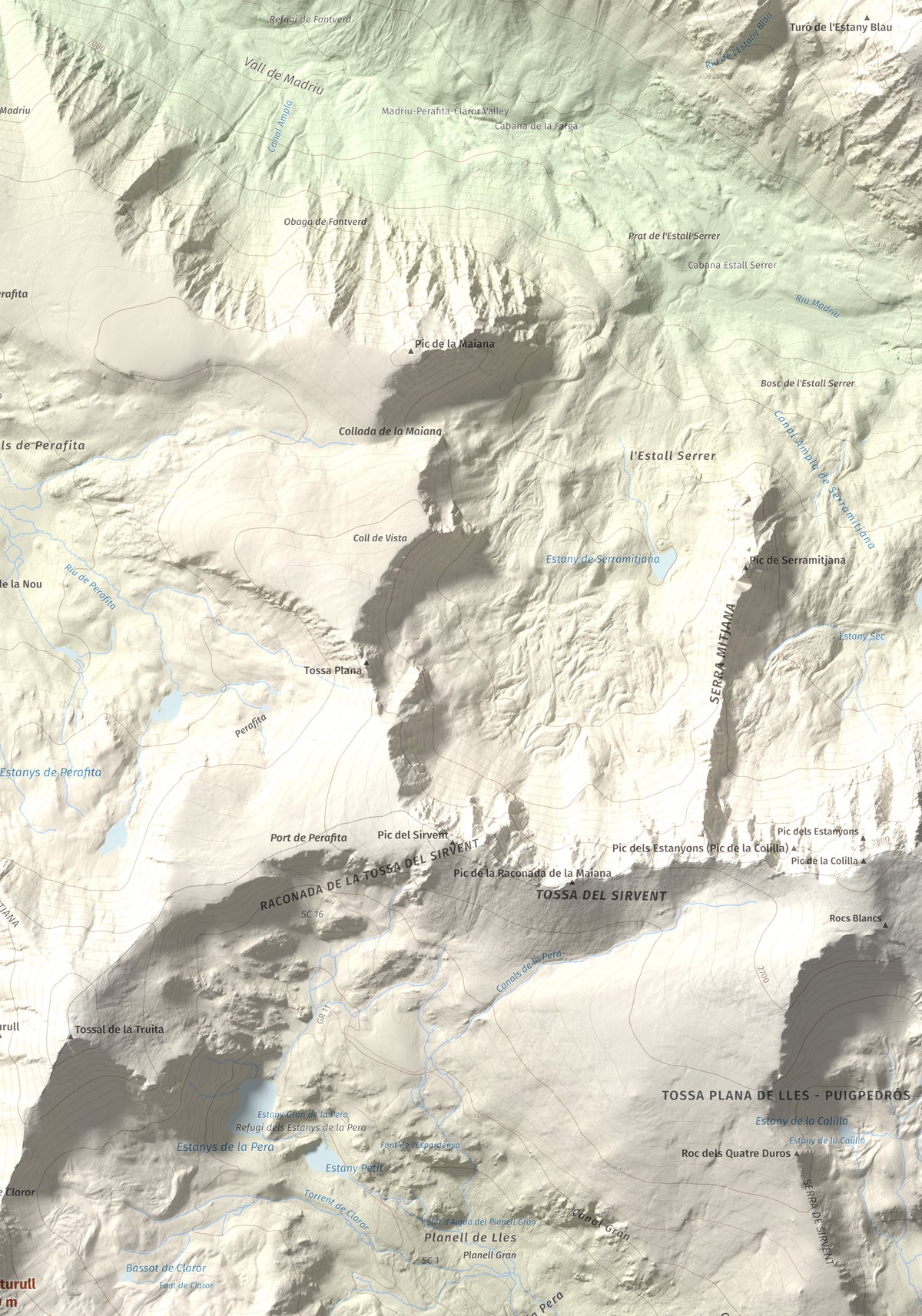 Mapa de relieve de Monturull, 2760 m, Alt Urgell · Andorra · Cerdanya, lámina 100 Cims de Trobart. Detalle de la zona superior derecha. 70 × 100 cm.