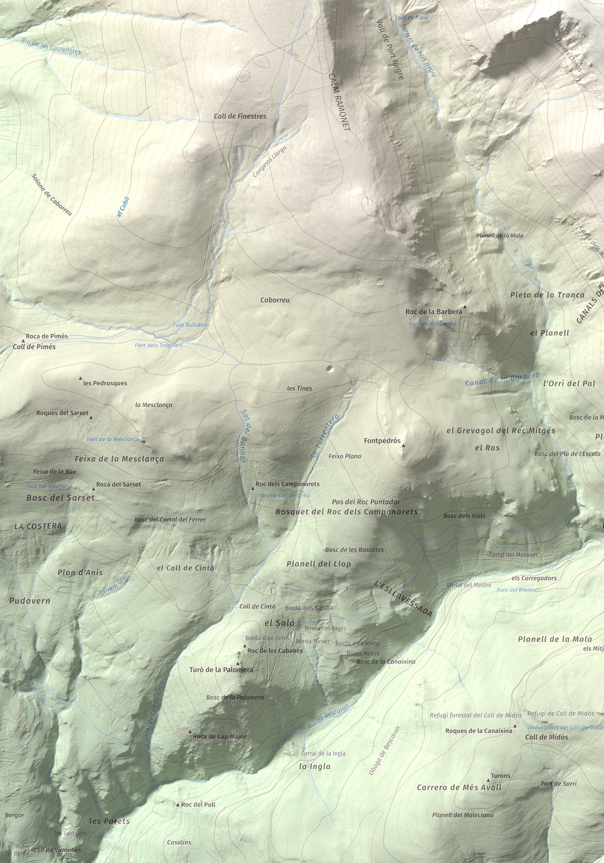 Mapa de relieve de Monturull, 2760 m, Alt Urgell · Andorra · Cerdanya, lámina 100 Cims de Trobart. Detalle de la zona inferior izquierda. 70 × 100 cm.