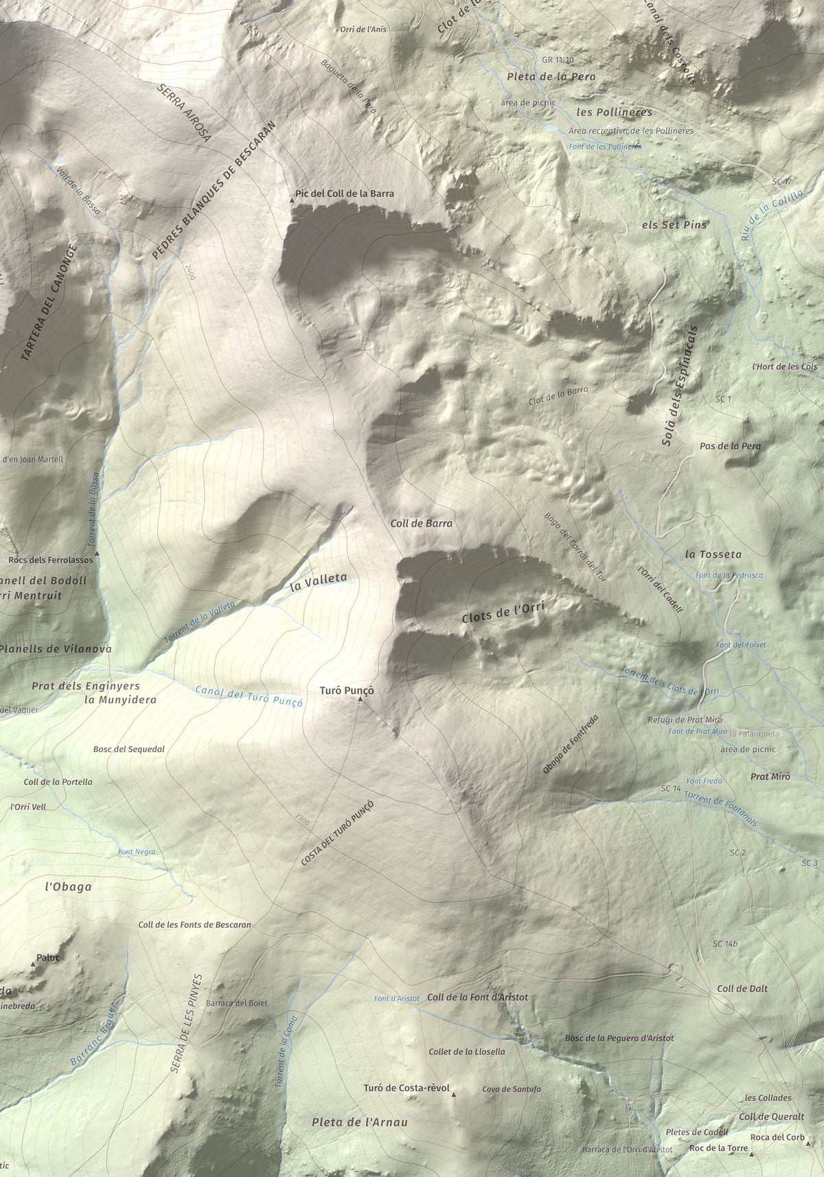 Mapa de relieve de Monturull, 2760 m, Alt Urgell · Andorra · Cerdanya, lámina 100 Cims de Trobart. Detalle de la zona inferior derecha. 70 × 100 cm.