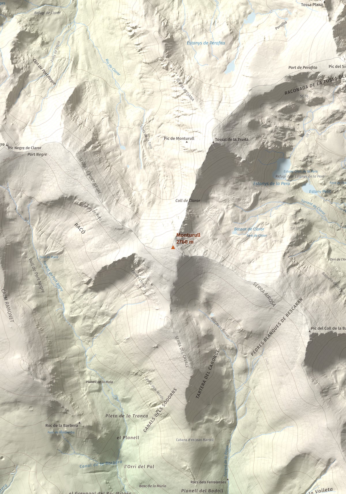 Mapa de relieve de Monturull, 2760 m, Alt Urgell · Andorra · Cerdanya, lámina 100 Cims de Trobart. Detalle de la zona central. 70 × 100 cm.