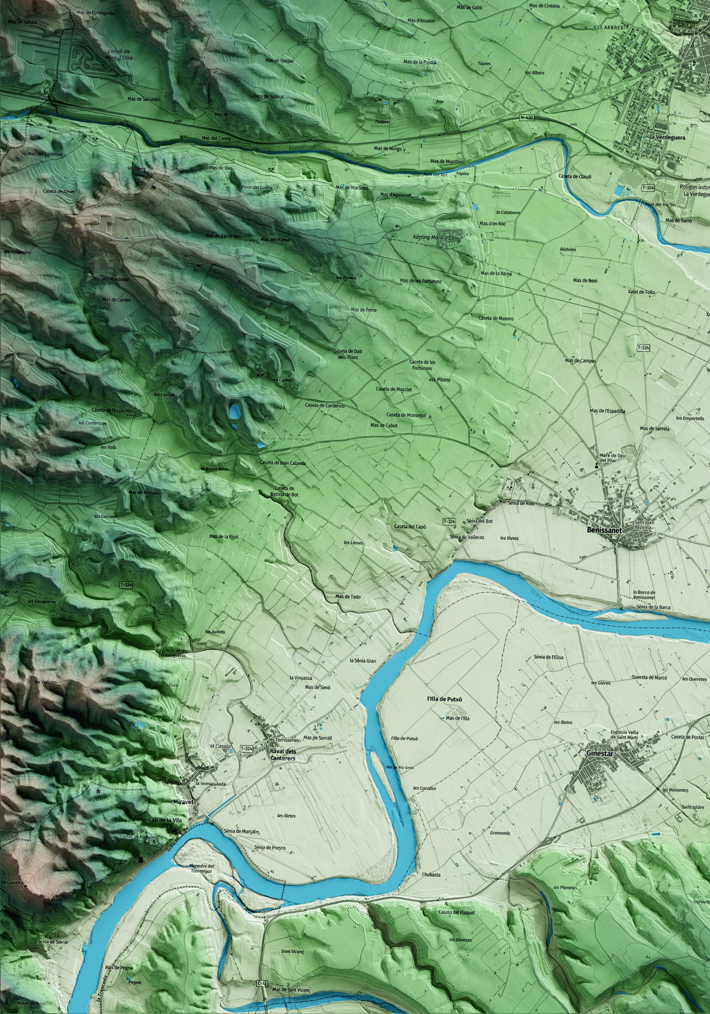 Mapa artístico del relieve de Móra d'Ebre, a la Ribera de Ebro, con 15 km de entorno y base topográfica ICGC. Detalle de la zona inferior izquierda.