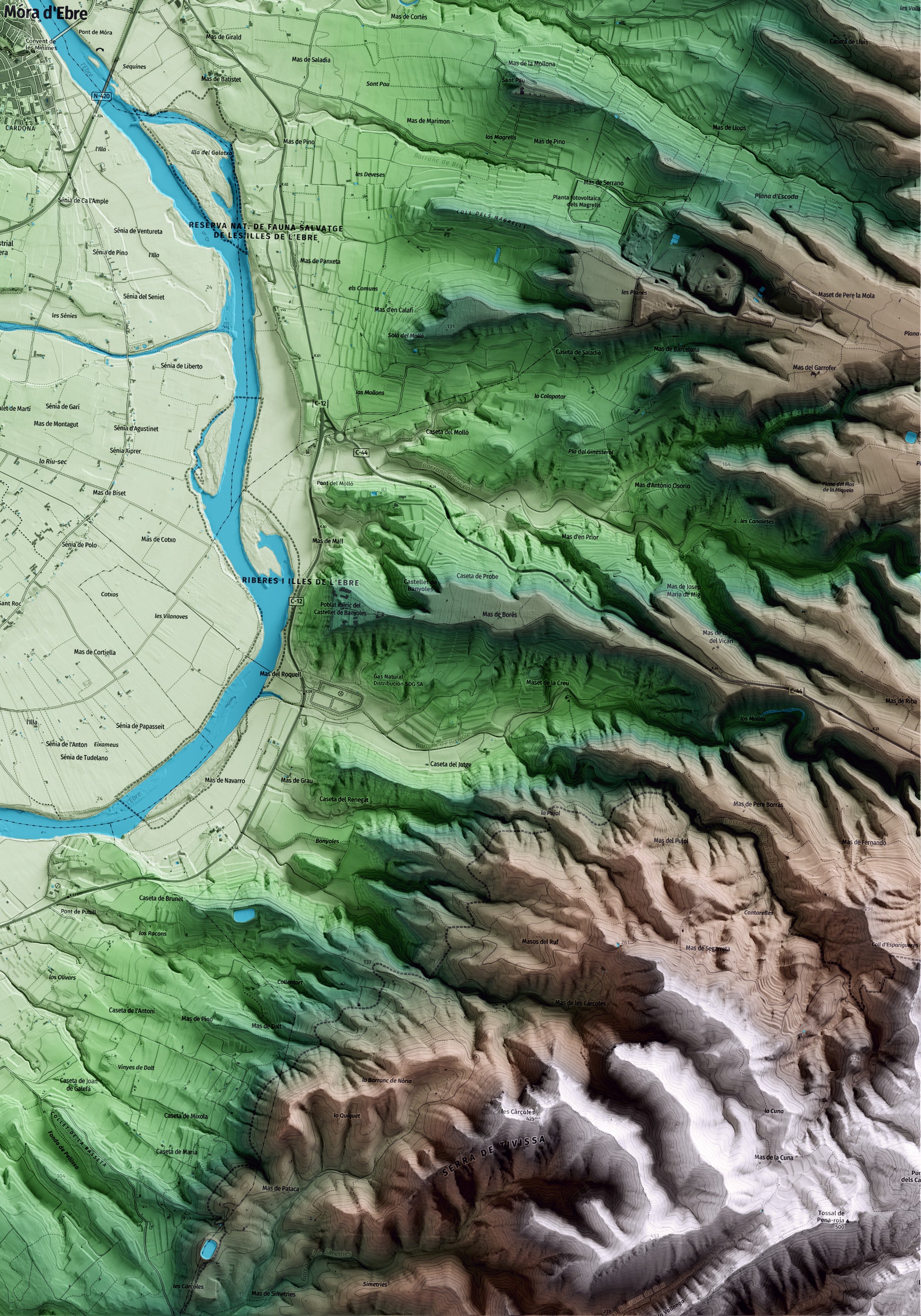 Mapa artístico del relieve de Móra d'Ebre, a la Ribera de Ebro, con 15 km de entorno y base topográfica ICGC. Detalle de la zona inferior derecha.