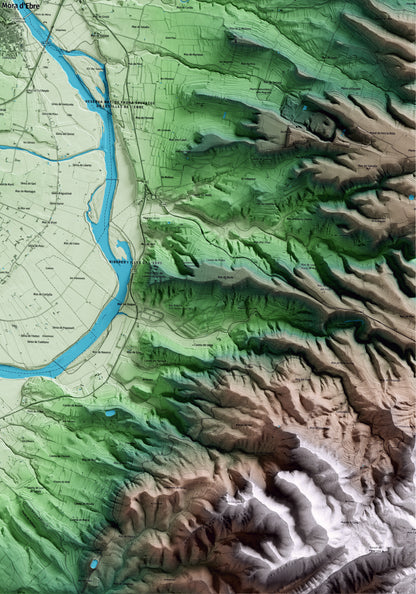 Mapa artístico del relieve de Móra d'Ebre, a la Ribera de Ebro, con 15 km de entorno y base topográfica ICGC. Detalle de la zona inferior derecha.