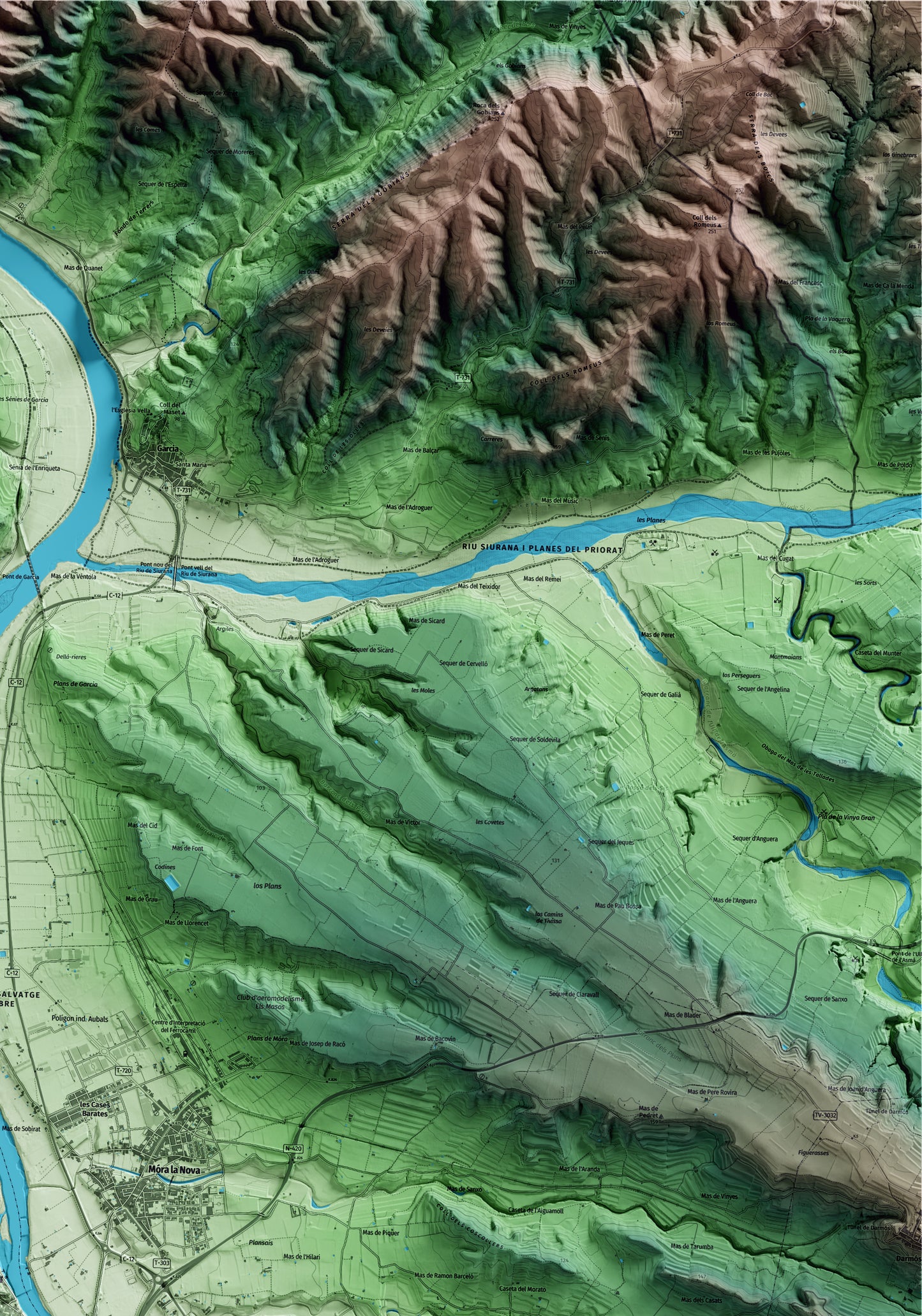 Mapa artístico del relieve de Móra d'Ebre, a la Ribera de Ebro, con 15 km de entorno y base topográfica ICGC. Detalle de la zona superior derecha.