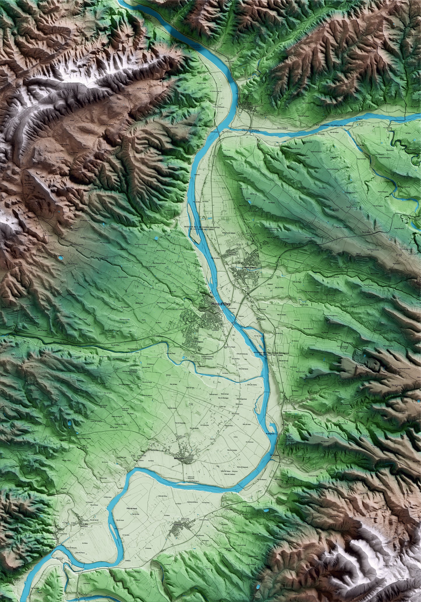 Mapa artístico del relieve de Móra d'Ebre, a la Ribera de Ebro, con 15 km de entorno y base topográfica ICGC