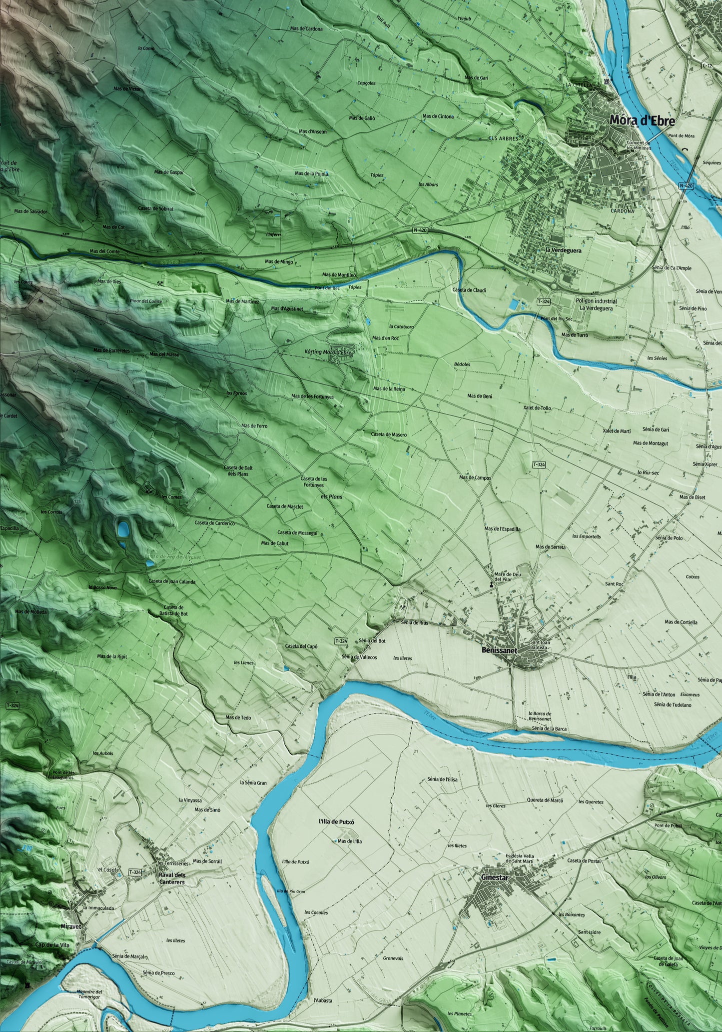 Mapa artístico del relieve de Móra la Nova, a la Ribera de Ebro, con 15 km de entorno y base topográfica ICGC. Detalle de la zona inferior izquierda.