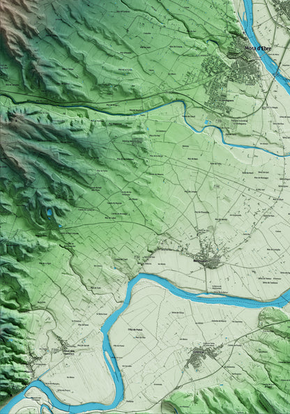 Mapa artístico del relieve de Móra la Nova, a la Ribera de Ebro, con 15 km de entorno y base topográfica ICGC. Detalle de la zona inferior izquierda.