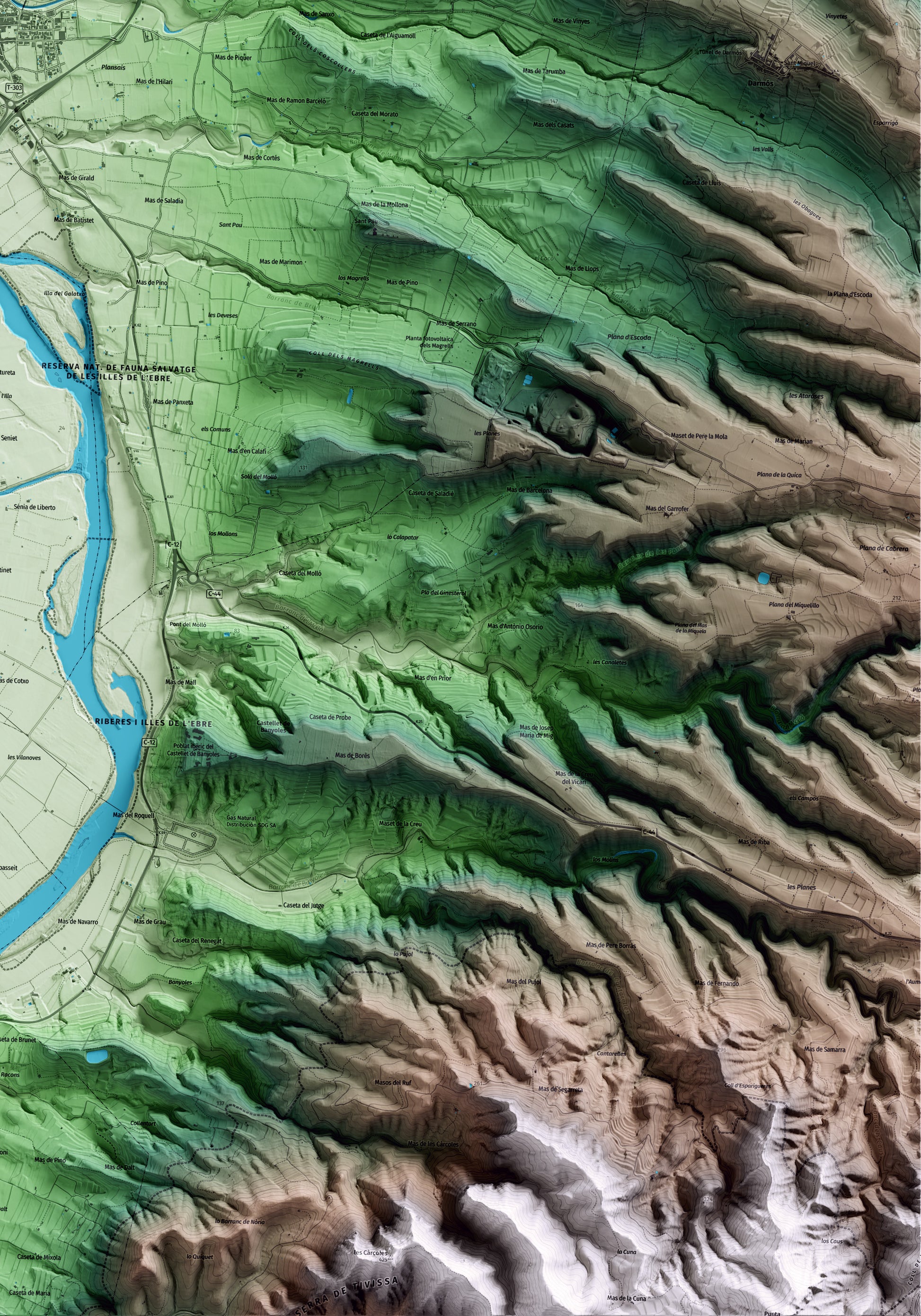 Mapa artístico del relieve de Móra la Nova, a la Ribera de Ebro, con 15 km de entorno y base topográfica ICGC. Detalle de la zona inferior derecha.