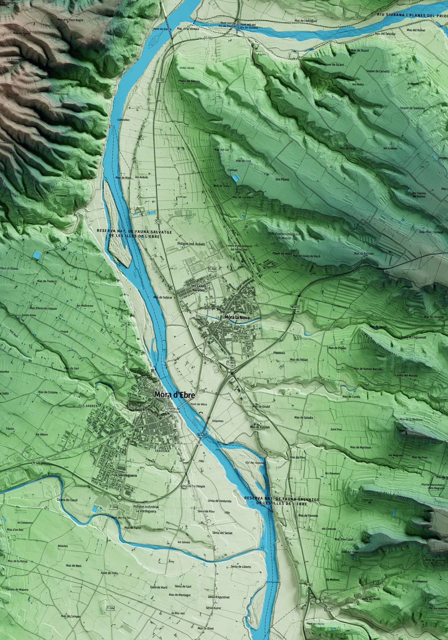 Mapa artístico del relieve de Móra la Nova, a la Ribera de Ebro, con 15 km de entorno y base topográfica ICGC. Detalle de la zona central.