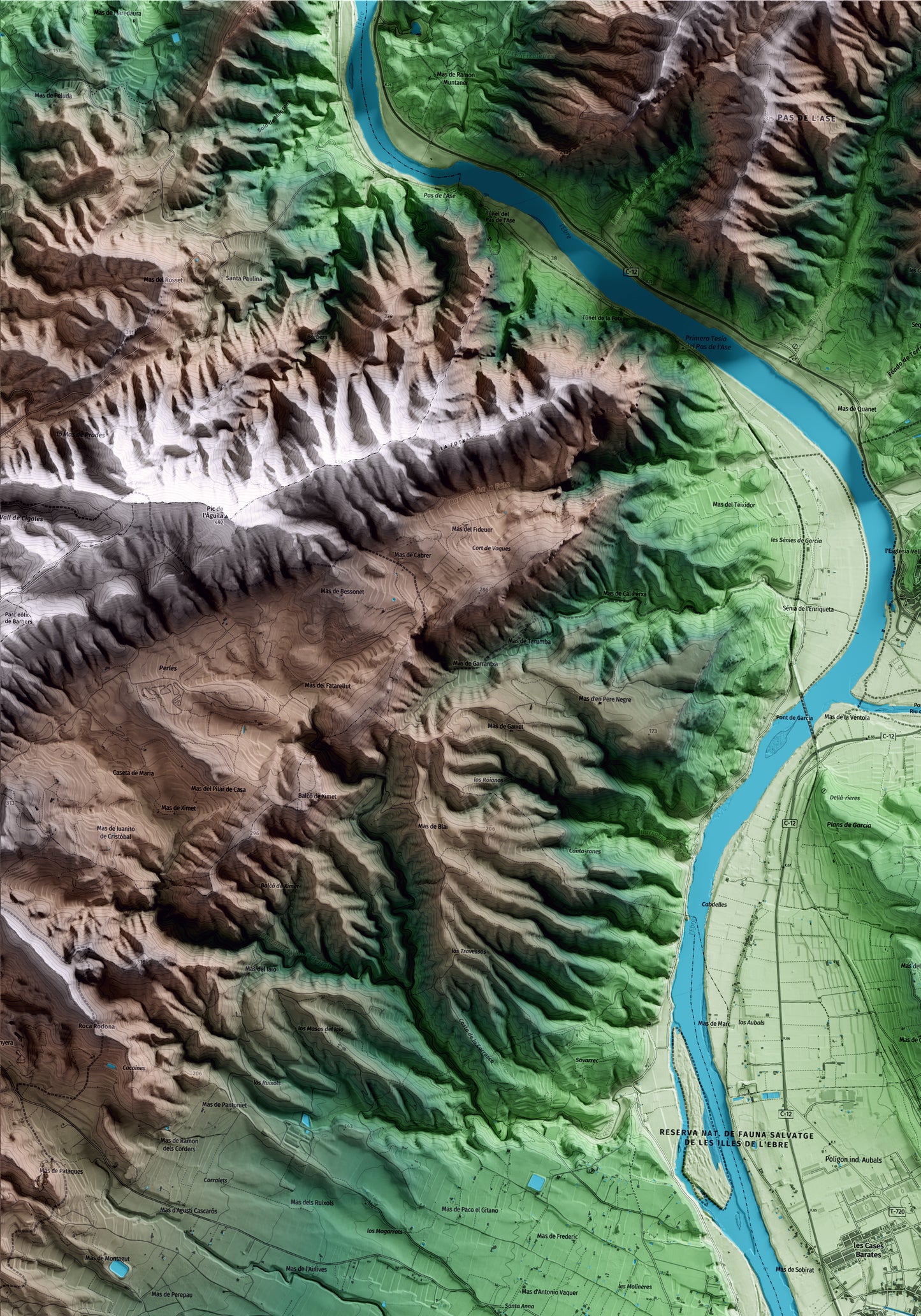 Mapa artístico del relieve de Móra la Nova, a la Ribera de Ebro, con 15 km de entorno y base topográfica ICGC. Detalle de la zona superior izquierda.
