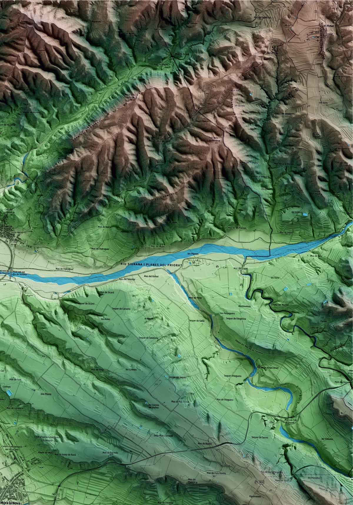 Mapa artístico del relieve de Móra la Nova, a la Ribera de Ebro, con 15 km de entorno y base topográfica ICGC. Detalle de la zona superior derecha.