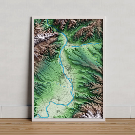 Mapa artístico del relieve de Móra la Nova, a la Ribera de Ebro, con 15 km de entorno y base topográfica ICGC. Presentación enmarcada.