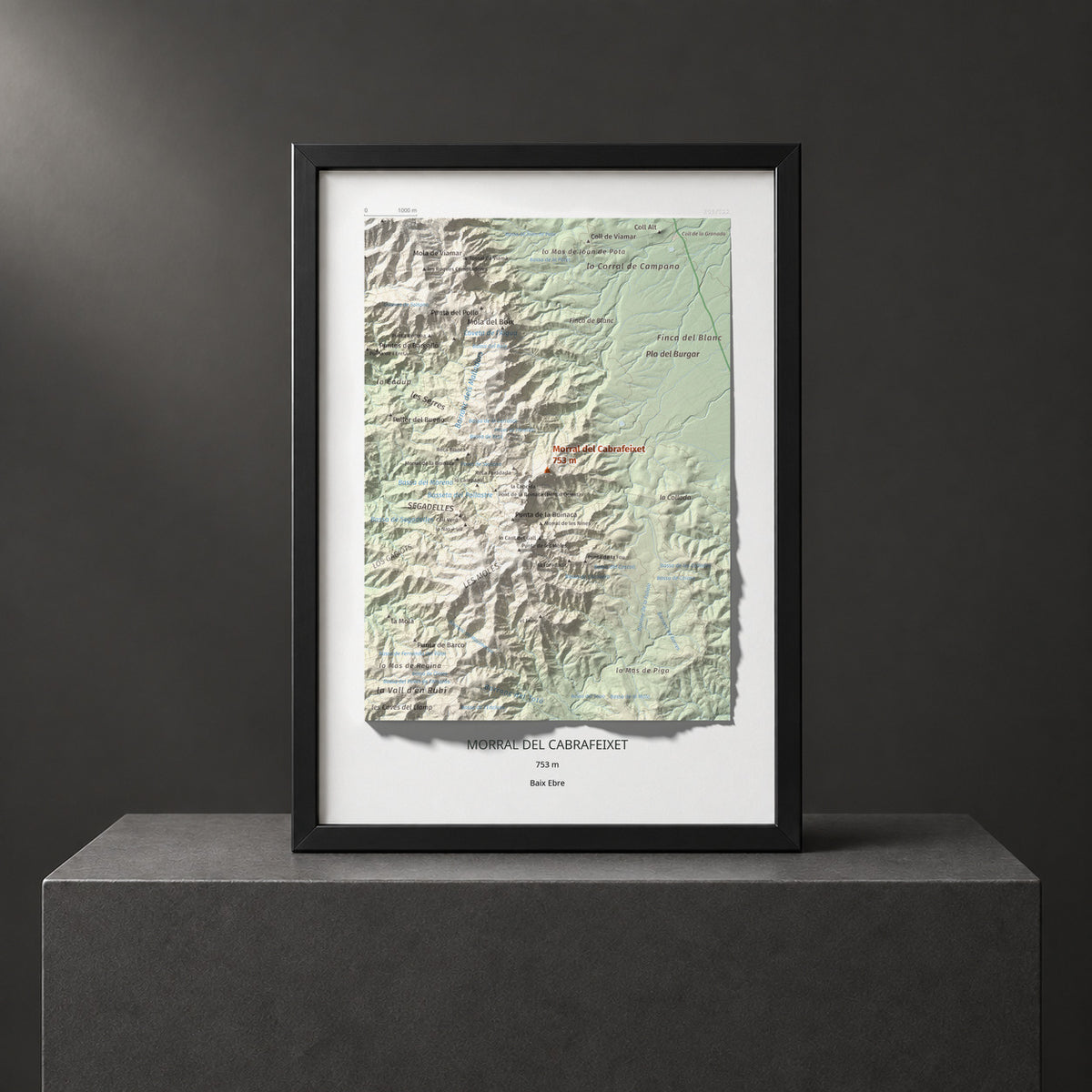 Mapa de relieve de Morral del Cabrafeixet, 753 m, Baix Ebre, lámina 100 Cims de Trobart. Presentación enmarcada. 21 × 30 cm.